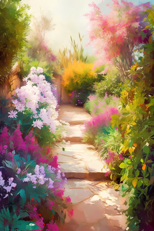 Beautiful spring garden with flowers and path. Watercolor painting.の素材
