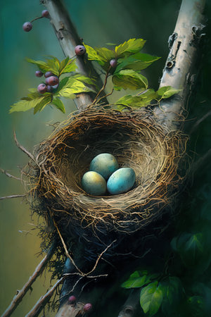 Easter eggs in a nest on a tree branch with green leaves.の素材