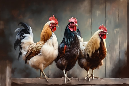 Three roosters in a row on the background of a wooden wallの素材