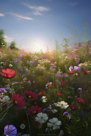 Flower meadow with colorful flowers at sunset. 3d renderの素材