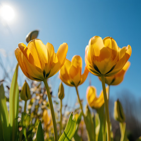 Yellow tulips in the garden against the blue sky and sun.の素材