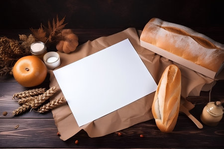 Bread and bakery products on wooden background. Top view with copy spaceの素材