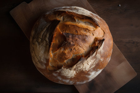 Freshly baked sourdough bread on a wooden cutting board.の素材