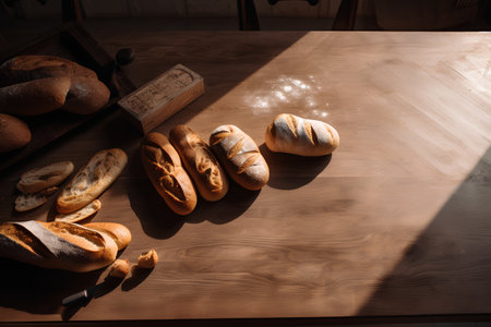 Different types of bread on a wooden table in the morning light.の素材