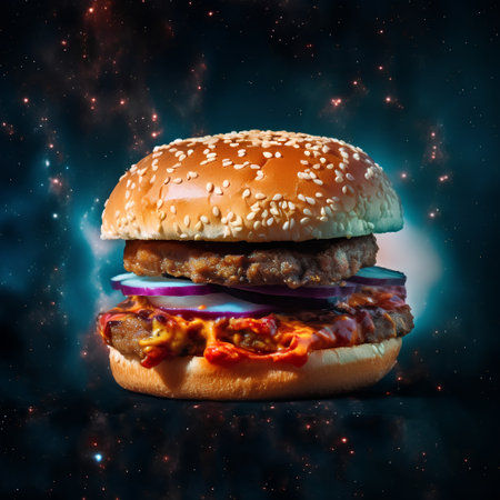 Big tasty hamburger on the background of the night sky with starsの素材