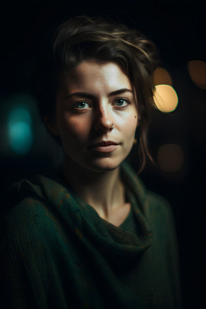 Portrait of a girl in a green sweater on a dark backgroundの素材