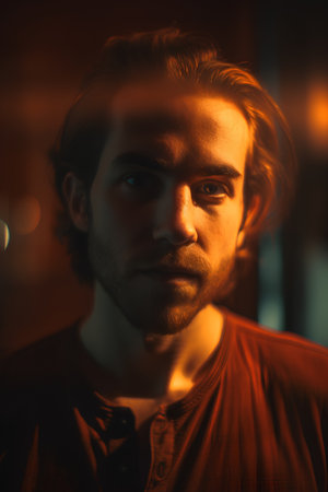 Portrait of a handsome young man in a dark room with lightsの素材