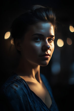 Portrait of a beautiful girl in a blue dress on a dark backgroundの素材