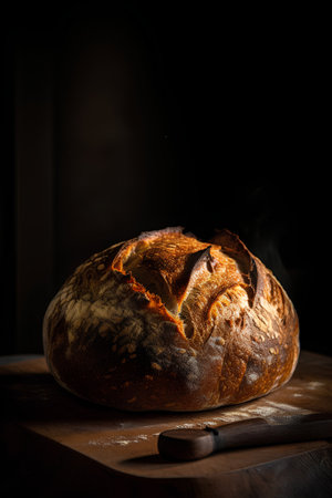 Freshly baked bread on a wooden board. Dark background. Selective focus.の素材