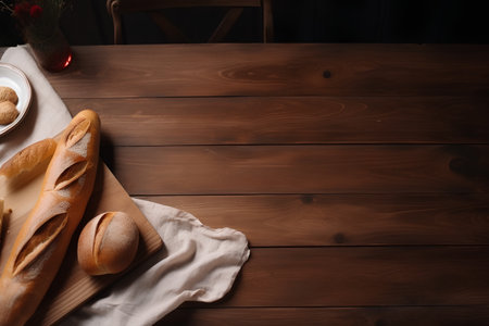 Freshly baked baguettes on wooden table with copyspaceの素材