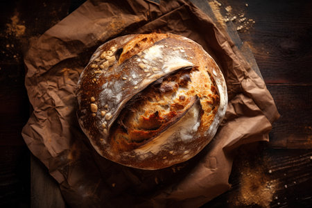 Freshly baked homemade sourdough bread on rustic wooden backgroundの素材