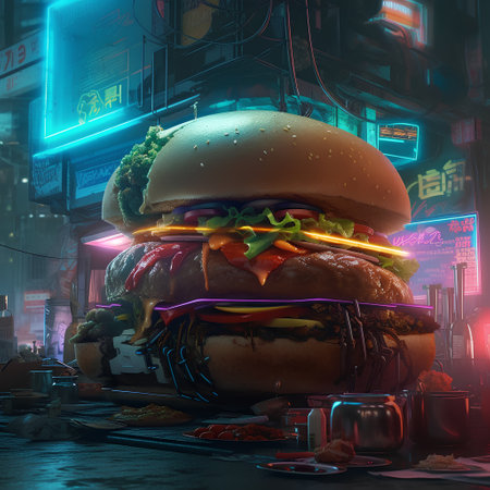 Hamburger in the city at night, 3d rendering.の素材