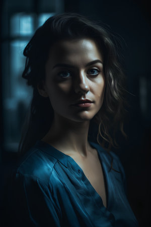 Portrait of a beautiful young woman in a blue dress in the darkの素材