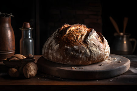 Freshly baked artisan sourdough bread on a rustic wooden table.の素材