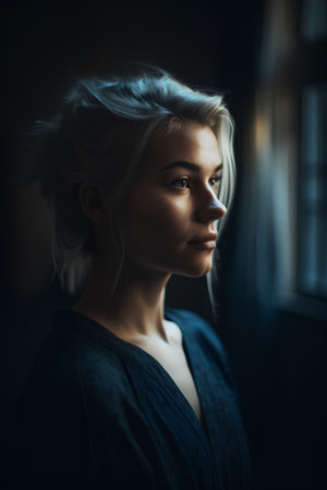 Portrait of a beautiful girl with blond hair in a dark roomの素材