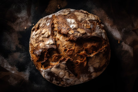 Freshly baked artisan sourdough bread on a dark background.の素材