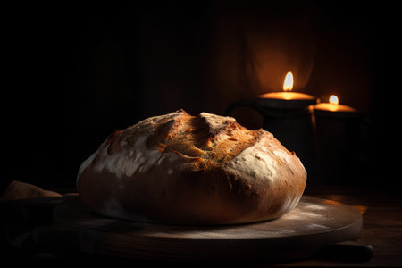 Loaf of bread on cutting board and burning candles on dark backgroundの素材