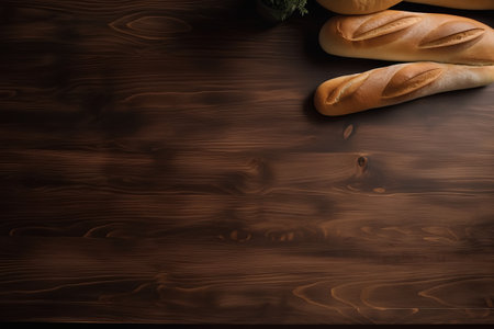 Bread on wooden background with space for text. Top view.の素材