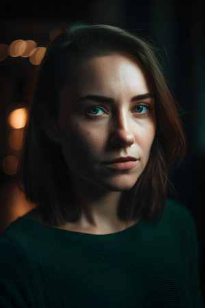 Portrait of a beautiful young woman in a green sweater at nightの素材