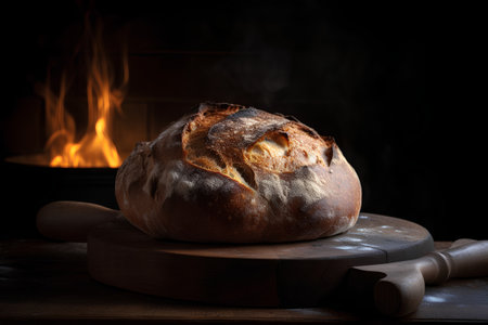 Freshly baked bread on a wooden board with a burning fire in the backgroundの素材