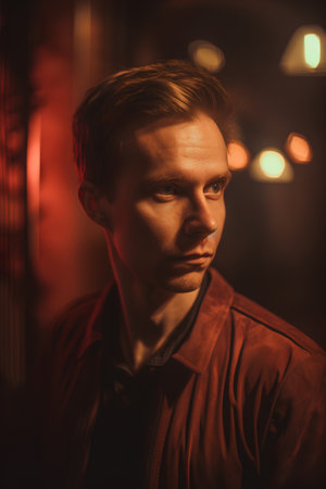 Portrait of a handsome young man in a dark room. Men's fashion.の素材