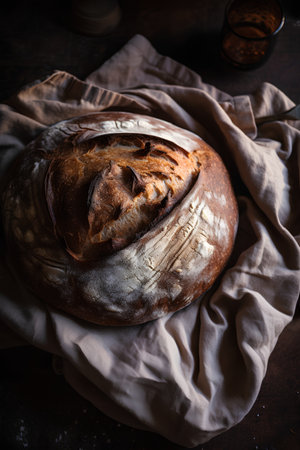 Freshly baked sourdough bread on dark background, selective focusの素材