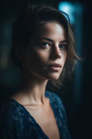 Portrait of a beautiful woman in a blue dress on a dark backgroundの素材