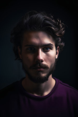 Portrait of a handsome young man with a beard on a dark backgroundの素材