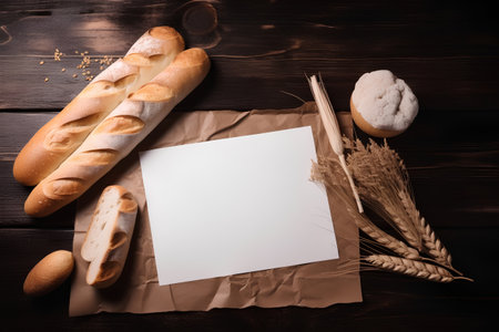 Baguettes, wheat ears and blank paper sheet on wooden backgroundの素材