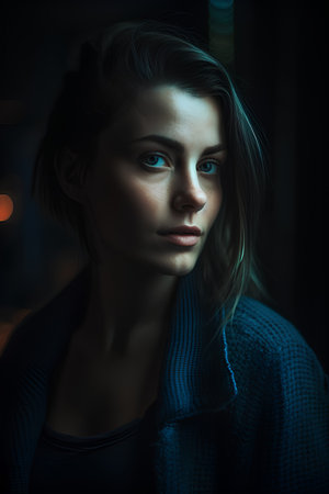 Portrait of a beautiful young woman in a blue sweater at nightの素材