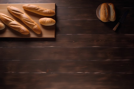 Baguettes on the wooden table. Top view with copy spaceの素材