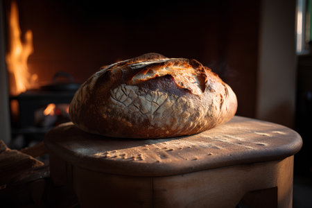 Freshly baked bread on a wooden table in front of a fireplaceの素材