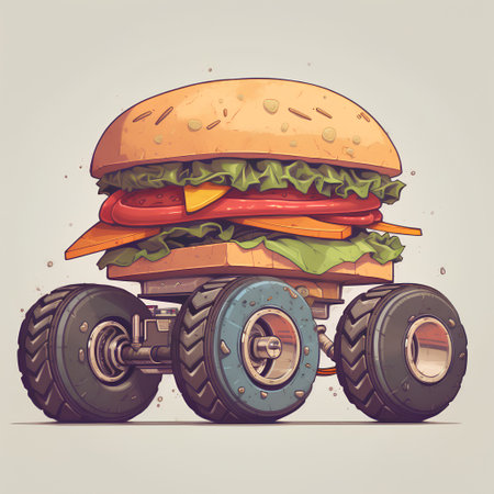 Fast food vector illustration. Hamburger with wheels. Fast food concept.の素材