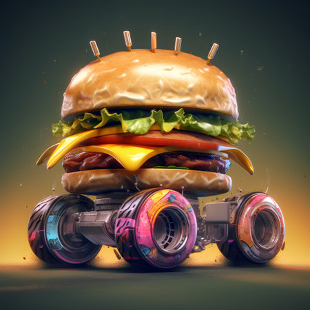 Hamburger on wheels on a dark background. 3d renderingの素材