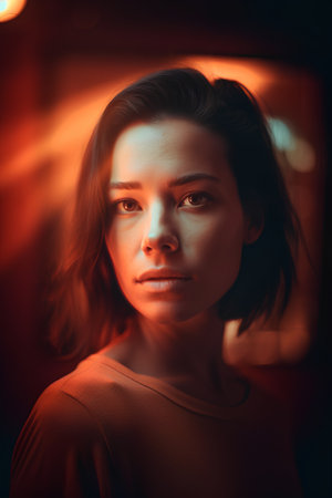 Portrait of a beautiful young asian woman in red light.の素材