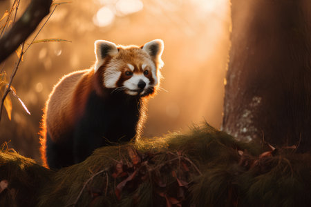 Red panda walking in the forest at sunset. Wildlife scene from nature.の素材
