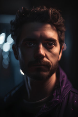 Portrait of a young man in a dark room with lights.の素材