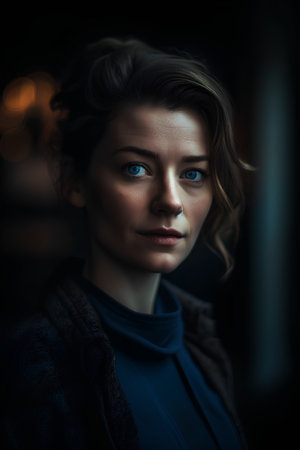Portrait of a beautiful girl with blue eyes in a dark roomの素材
