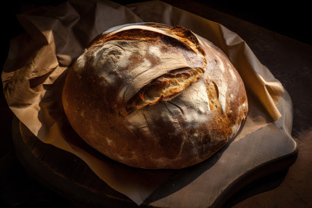 Freshly baked bread on a wooden board, rustic style.の素材