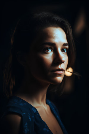 Portrait of a beautiful young woman in blue dress in the darkの素材