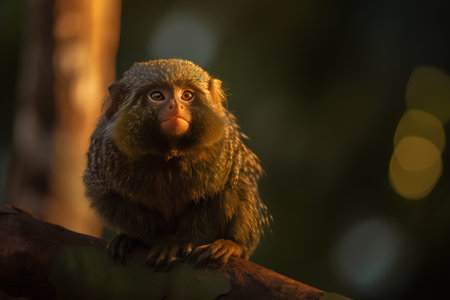 Close up portrait of a tamarin monkey sitting on a tree branchの素材