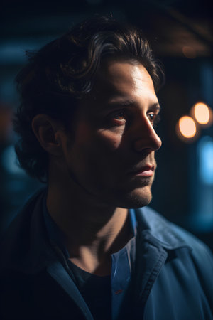 Portrait of a handsome young man with dark hair in a dark roomの素材