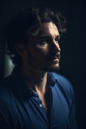 Portrait of a handsome man in a blue shirt on a dark backgroundの素材