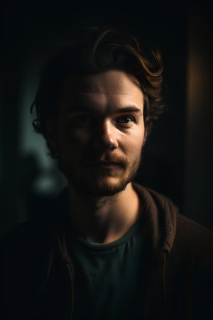 Portrait of a handsome young man looking at camera in dark roomの素材