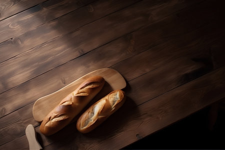 Baguettes on a wooden table with a knife and a cutting boardの素材