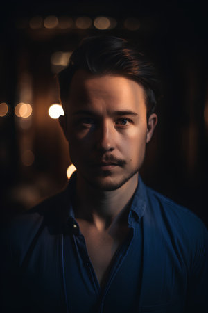 Portrait of a handsome young man in a dark room. Men's beauty, fashion.の素材