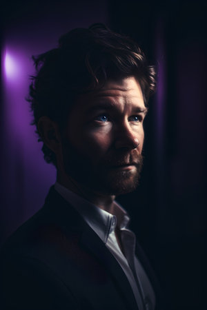 Portrait of a handsome man in a suit on a dark backgroundの素材