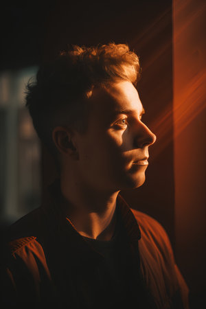 Portrait of a handsome young man in a dark room with light rays.の素材