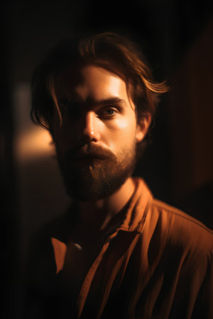Portrait of a handsome young man with a beard in a dark roomの素材