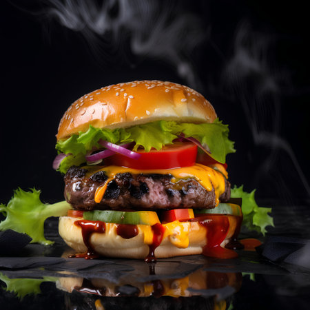 Big tasty cheeseburger with beef meat and vegetables on black backgroundの素材